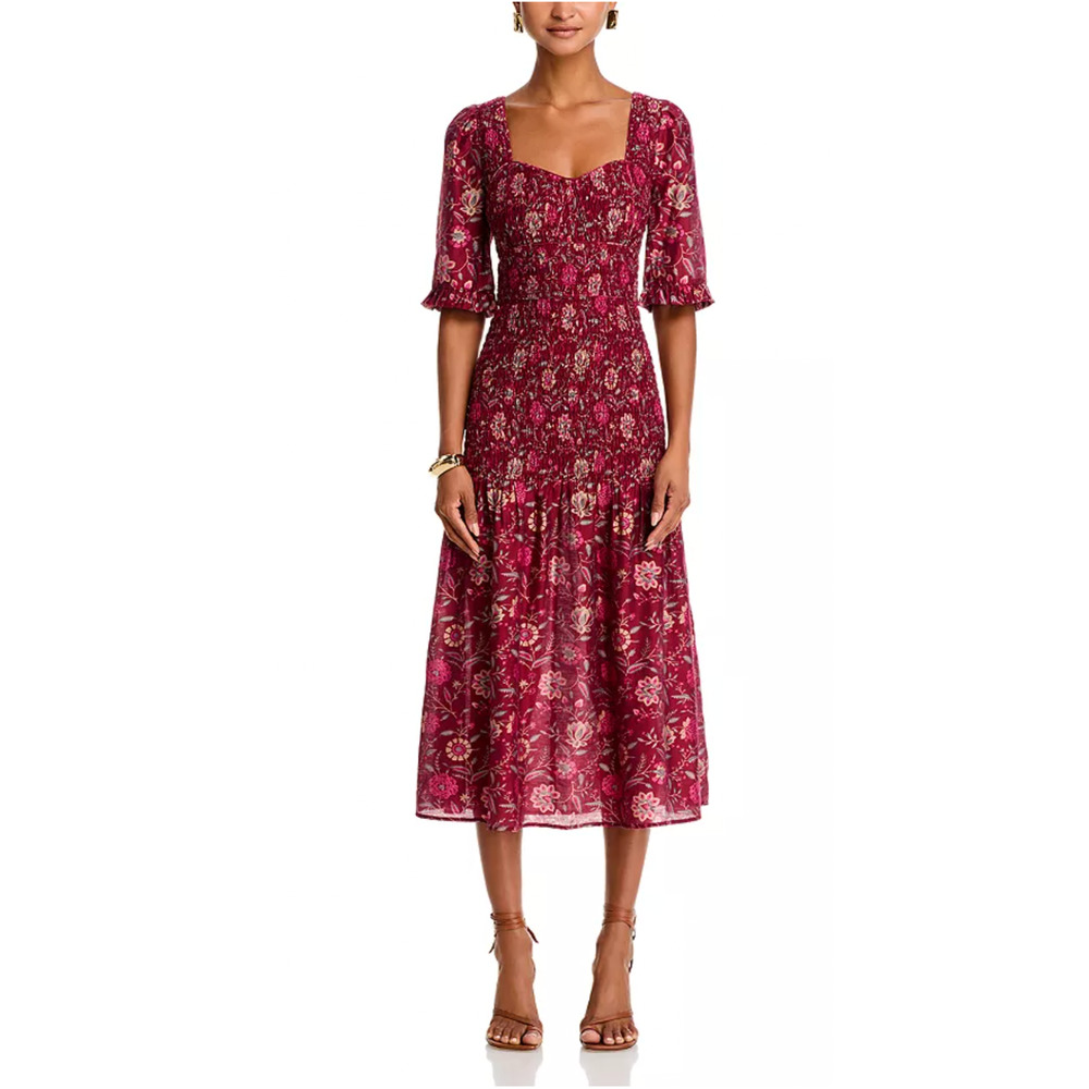 Sea New York 2 Famke $445 Smocked Sweetheart Midi Dress Floral Cottagecore Red - Picture 11 of 13